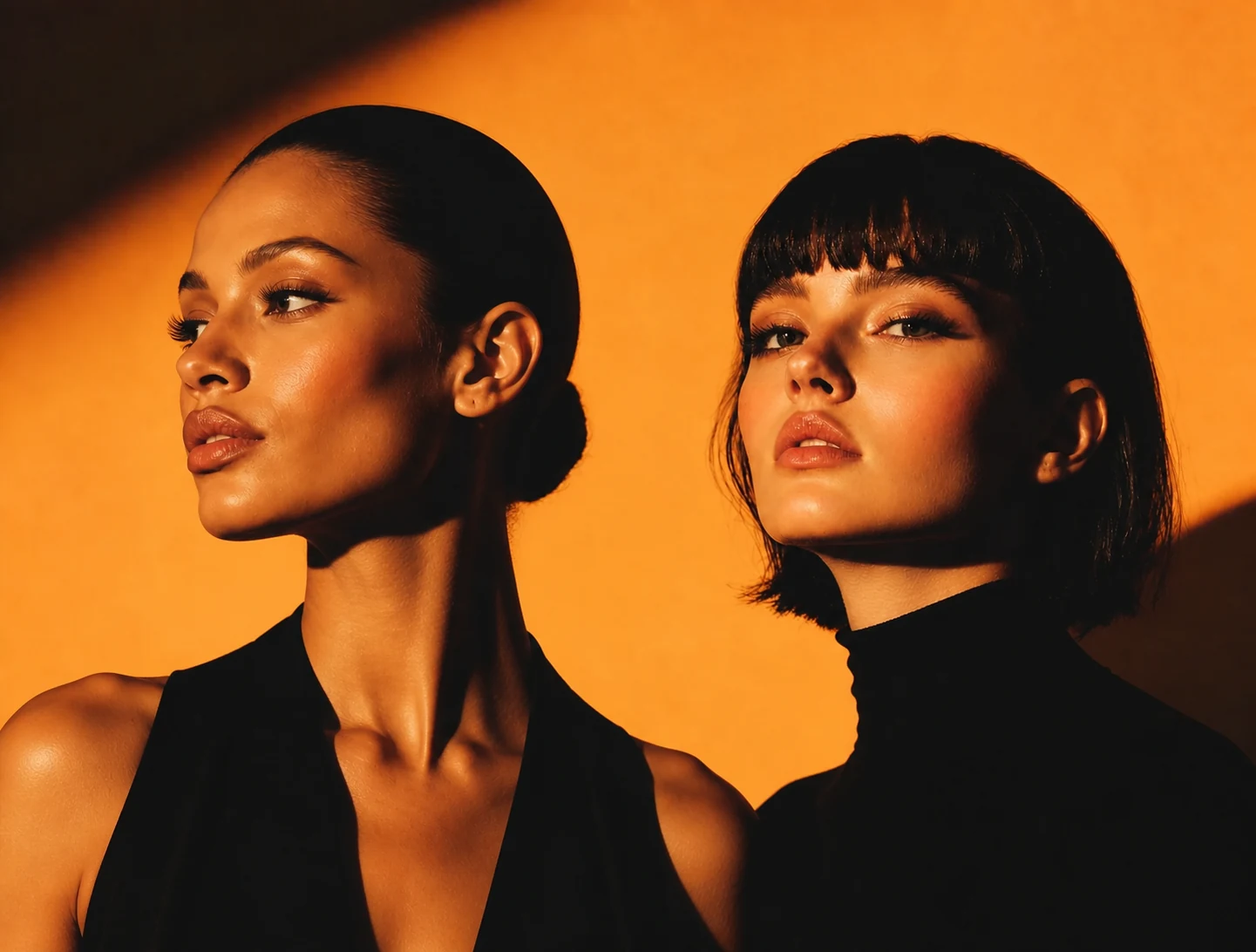 Two fashion models posing in warm orange studio light